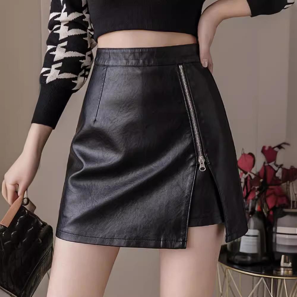 

Autumn & Winter 2023 Black High Waist A-Line PU Leather Skirt with Slit 3XL
