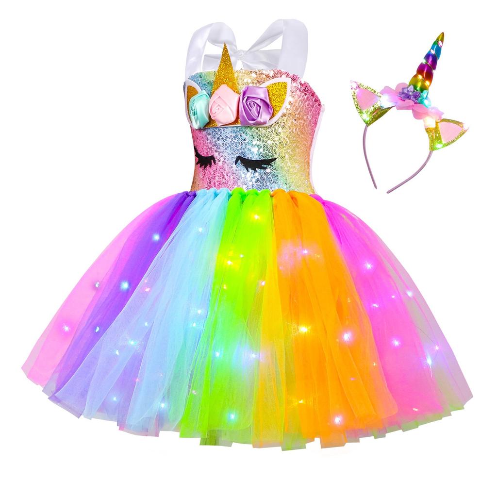 Rainbow Unicorn Tutu Dress,Glowing Sparkle, Christmas Party Dance Princess, Multicolor, 6-7 Years