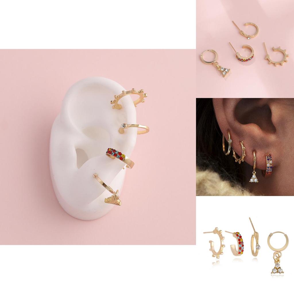 Schickes goldenes vierteiliges geometrisches Legierungs-Ohrring-Set mit Strasssteinen für Damen