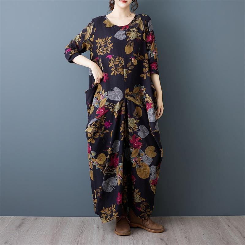 Dlouhý rukáv plus size bavlna vintage květinové novinka šaty pro ženy ležérní volné jarní podzimní šaty