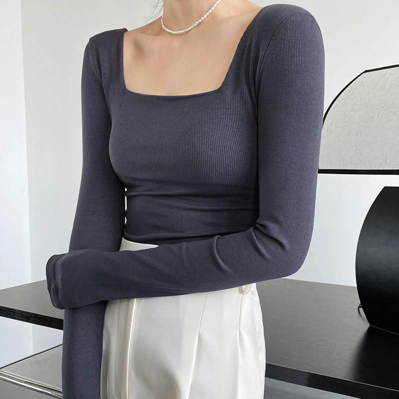 Long-sleeved Square-neck T-shirt Women's Slim-fit Exposed Collarbone Low-neck Short Top Bottoming Shirt