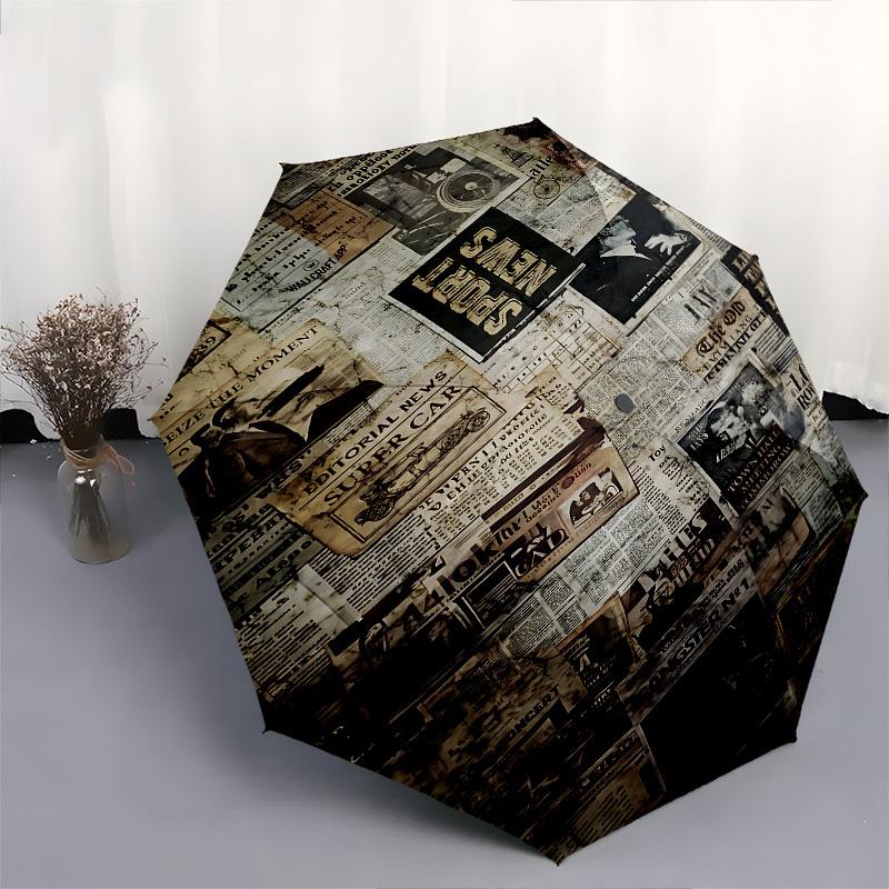 Newspaper Clippings Historic Archive Themed Automatic Opening and Closing Umbrella, Brightly Colored 8-rib Portable Umbrella, Suitable for M