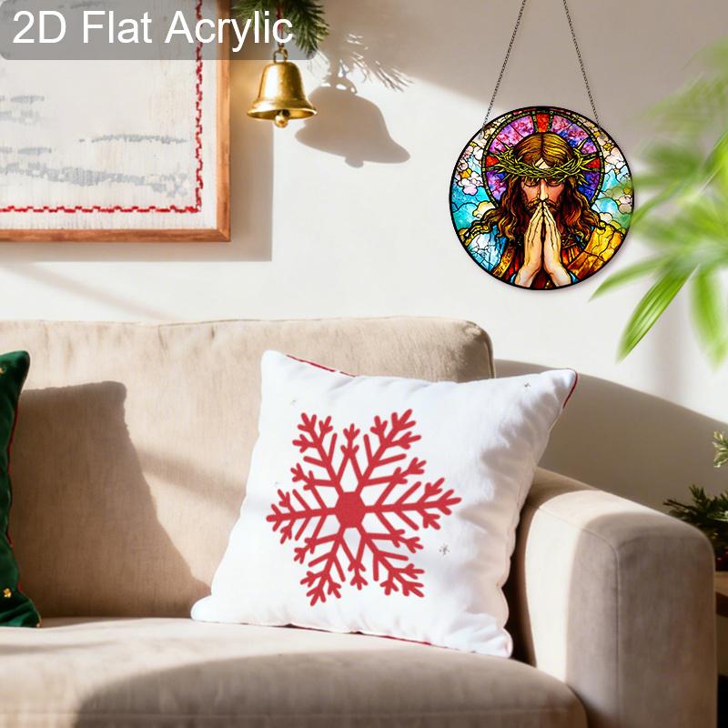 Acrylic Jesus Christ with Crown of Thorns Suncatcher, Stained Glass Effect Window Hanging Ornament for Religious Christian Decor Gifts