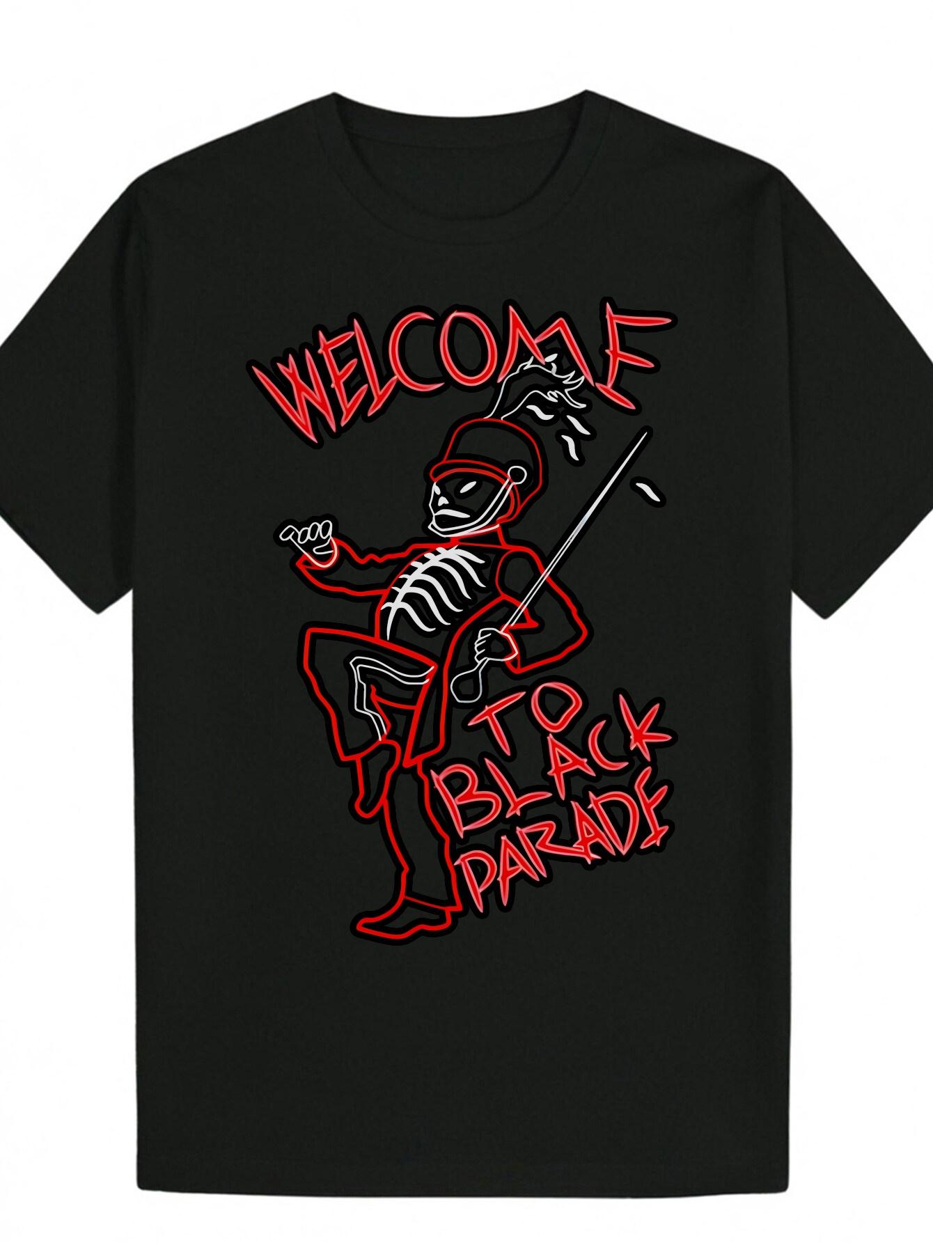 Black Welcome to Black Parade Graphic T-shirt - Casual Summer Polyester Tee with Skull Skeleton Design XXXL