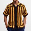 Gestrickte Häkel-Kurzarmhemden für Herren Lässig Knopfleiste Durchbrochener Kragen Hemd Tops Herren Sommerurlaub Vintage Strick Golf Strandhemden Top