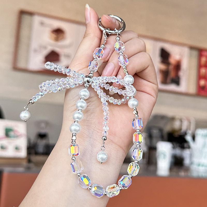 Mobile Phone Chain High-end Three-dimensional Crystal Bow Key Lanyard, Pearl Mobile Phone Lanyard Wrist Wholesale