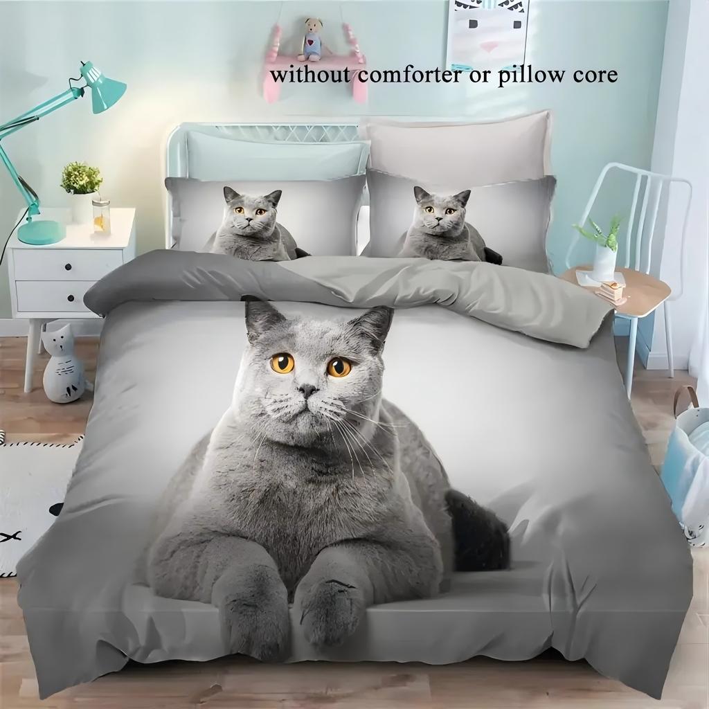 Comforter Cute Grey Cat Pattern 3D Printed Animal Pet Theme Luxury Bedding Set Soft Comfortable Set