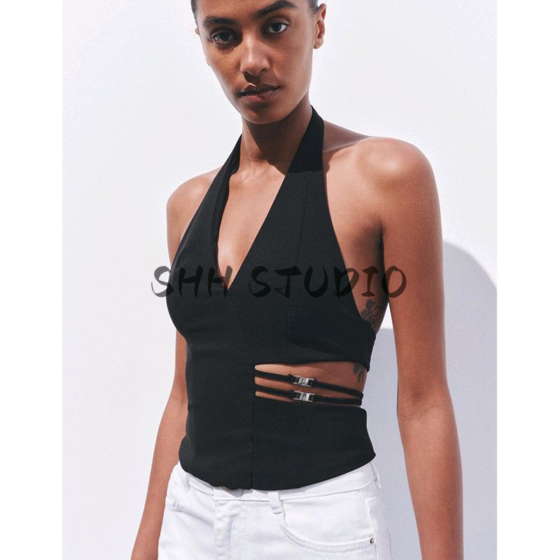 Spring and Summer New Women Clothes Western Style Metal Inlaid Opening Design Backless Hanging Collar Top 2926620