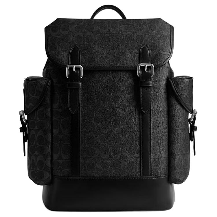 

Coach Black Signature Canvas Leather Trim Large Flap Backpack with Side Pockets for Daily Use Basic Set (Bag+Dust Bag)
