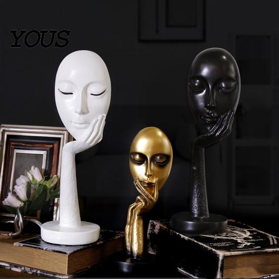 Polished Resin Figurine Abstract Contemplative Face Sculpture, Minimalist Hand-on-Chin Bust Statue for Desk Living Literary Style