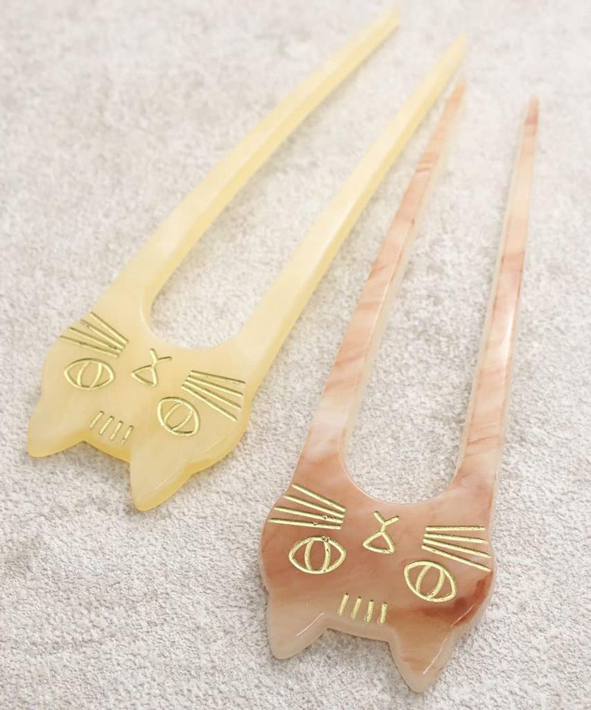 VINGTAINE Cat Motif Cat Hair Two-Pronged Hairpin, Marble, Two-Prong Accessory, H7530-IV-Ivory