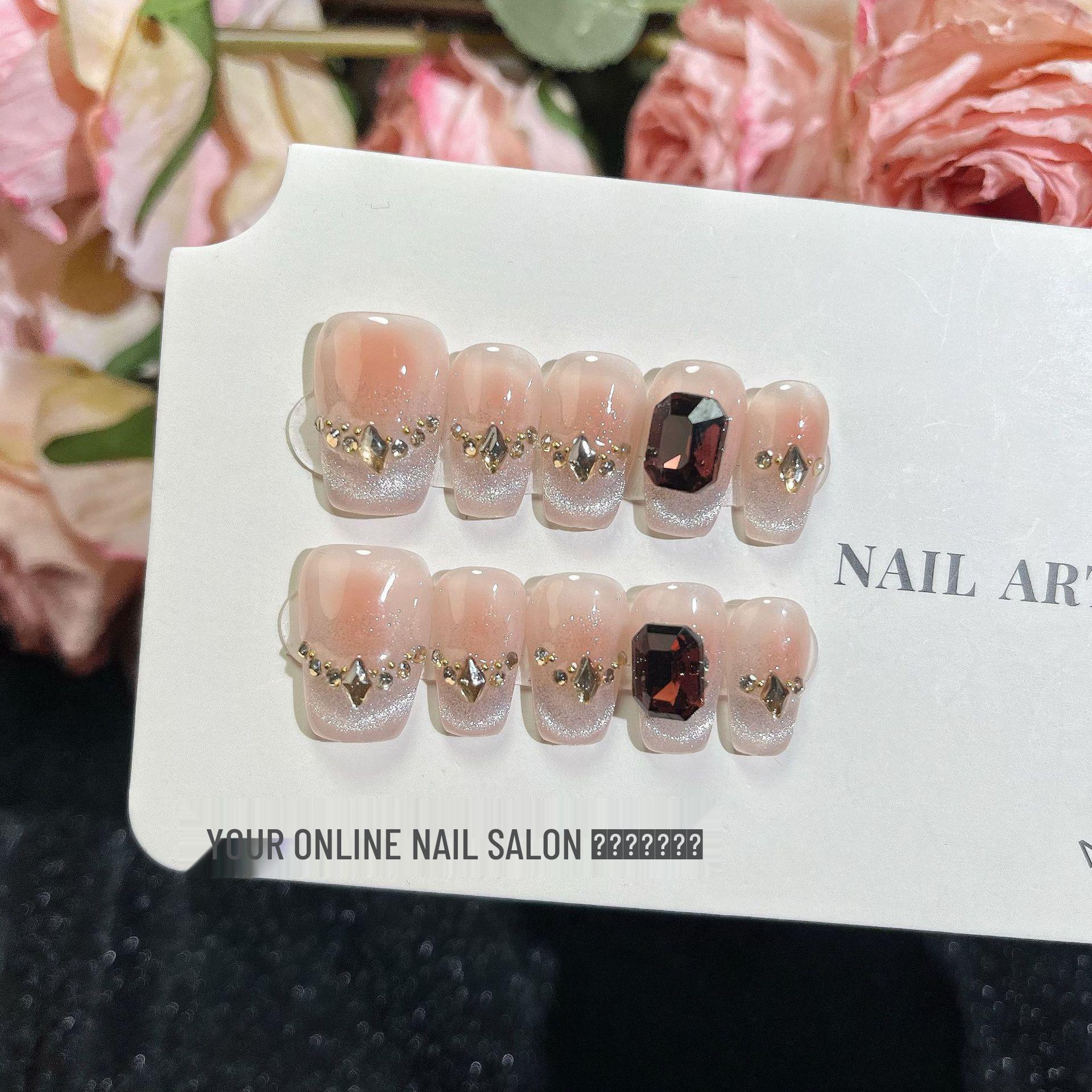 

Короткие ногти в стиле «кошачий глаз» в виде лесенки, 3D стразы, французский пресс-он Extra Small