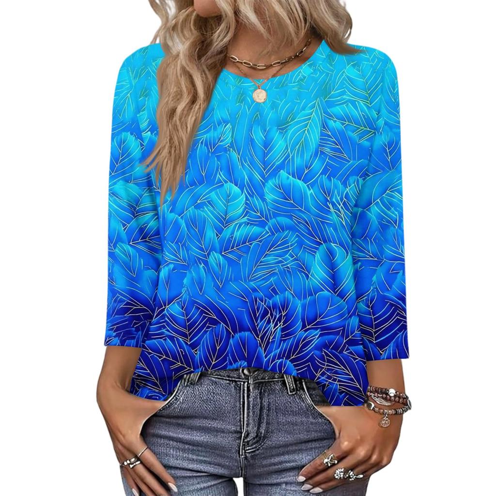 343/4 Sleeve Shirts For Women Cute Print Graphic Tees Blouses Casual Plus Size Basic Tops Pullover