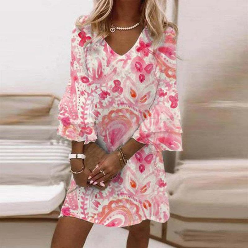 S-5XL Abito a strati con stampa Paisley, abito da vacanza con scollo a V e maniche svasate, abbigliamento da donna