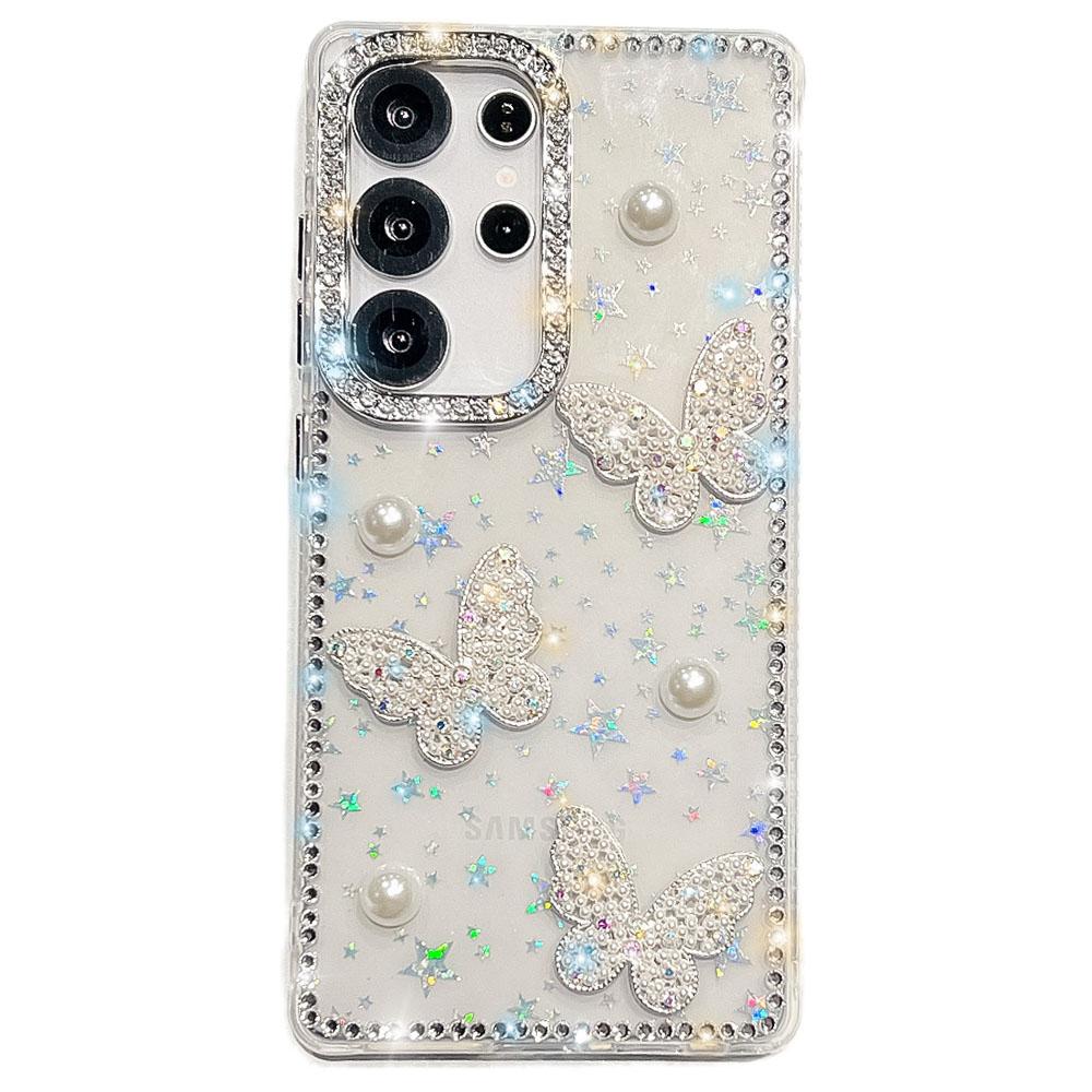 For Samsung Galaxy S25 Ultra Case Rhinestone Edge Pearl Butterfly Decor TPU+PC IMD Phone Cover