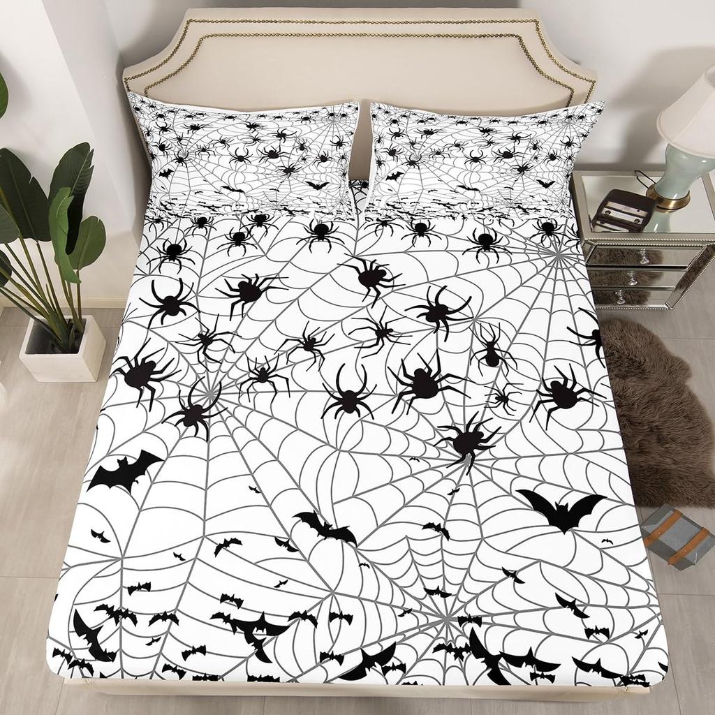 Gothic Spooky Bedding Set Pumpkin Lantern Cute Halloween Bed Sheets for Kids Boys Teens,Ghost Spiderwebs Fitted Sheet Black Cat Cobwebs Bats