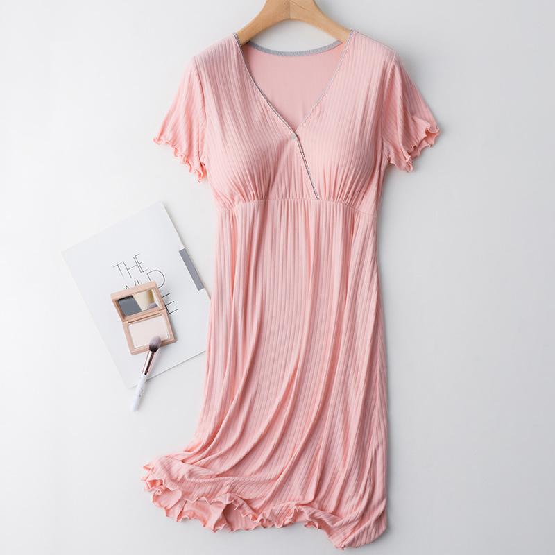 

Modal Maternity Clothes Breastfeeding Nightgowns Nursing Sleepwear Hospital Loose Fitting Breast Feeding Pajamas Pregnancy Dress M розовый