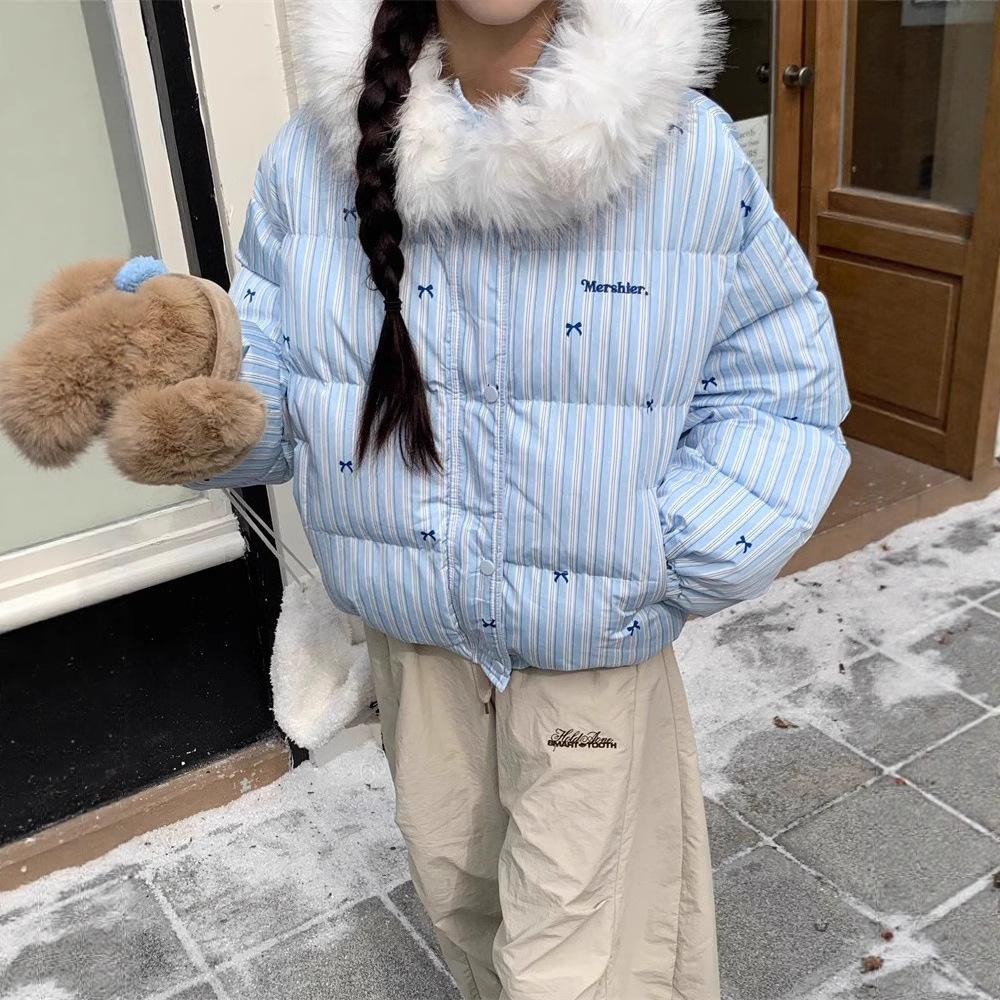 Autumn and Winter American Striped Bow Collar Hooded Cotton Jacket, Thickened Warm Cotton Jacket for Women