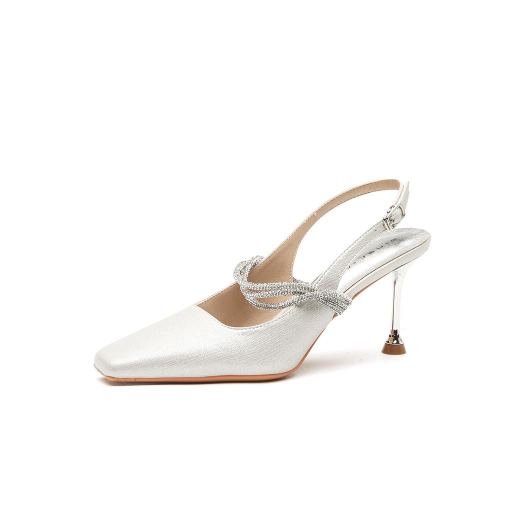 79916 [Schafsleder] High Heels Damen Dünne Absätze 2025 Neu Quadratische Zehenpartie Hinten Offene Sandalen Strass Ein-Wort-Riemchenschuhe