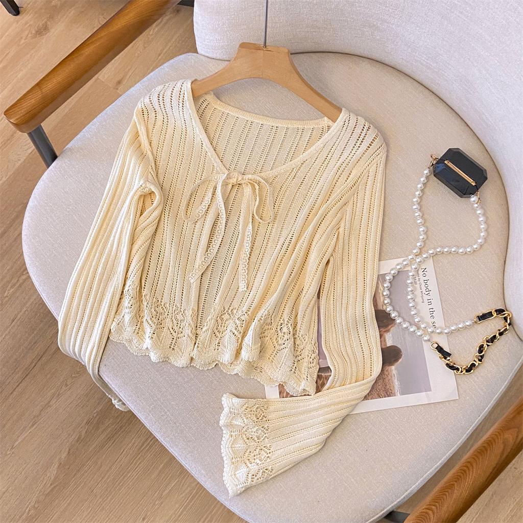 Dámský lehký letní svetr s dutým úpletem, krátký kardigan, jemný top