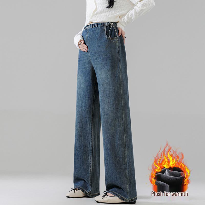 2025 Warm Elastic Velvet Maternity Jeans with Side Drawstring - High-Quality Loose Fit M