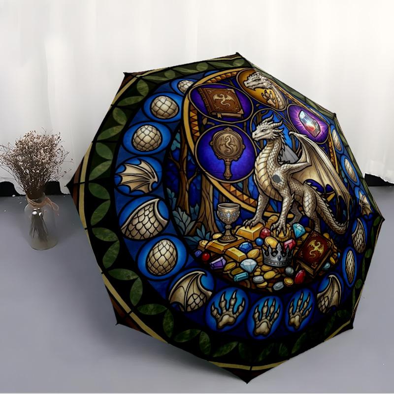 Dragons Treasures Pattern Umbrella, Portable and Foldable Design, 8 Ribs, a Casual Accessory for Halloween, Christmas, and Birthday Gifts.
