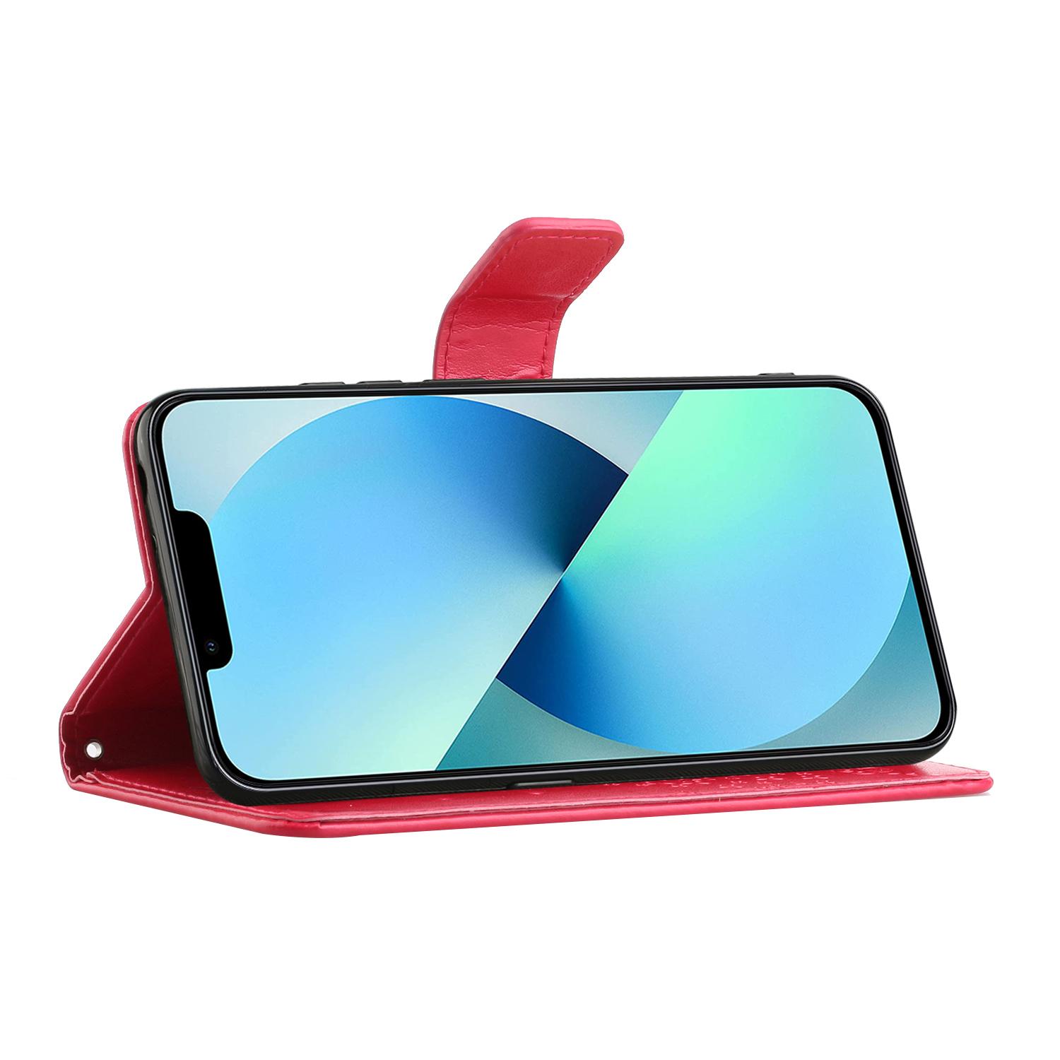 

For iPhone 15 Pro Max Phone Wallet Case PU Leather Owl Tree Imprinted Stand Phone Cover Red