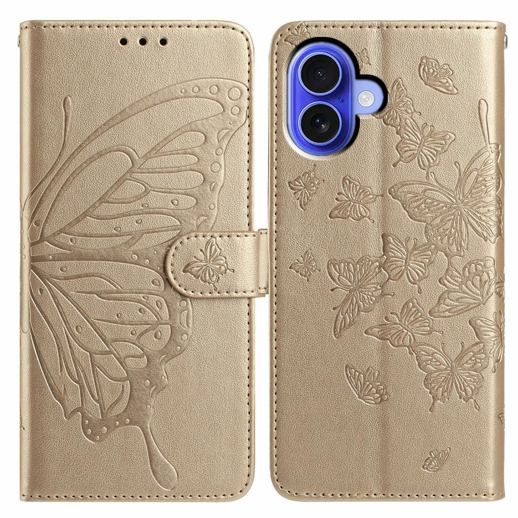 For iPhone 16 Plus Case Butterfly Imprinted Wallet Stand PU Leather Flip Phone Cover with Strap