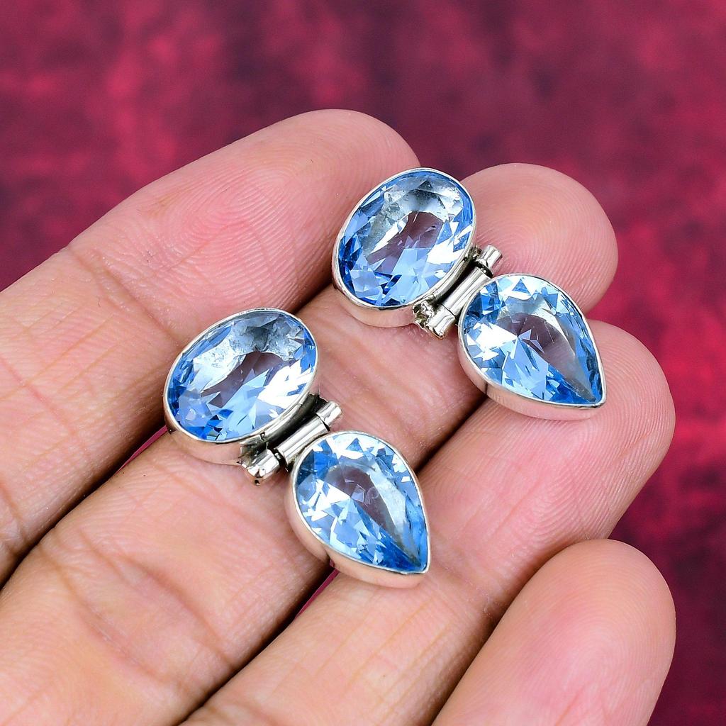 Swiss Blue Topaz Handmade Gemstone Earrings, 925 Solid Sterling Silver Earrings Antique Jewelry, For Engagement Gift