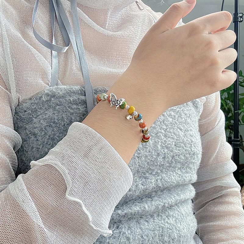 Vintage Multicolor Ceramic Beaded Bracelet For Women Girls Colorful Woven Butterfly Beaded Bracelet Jewelry Accessories Gifts