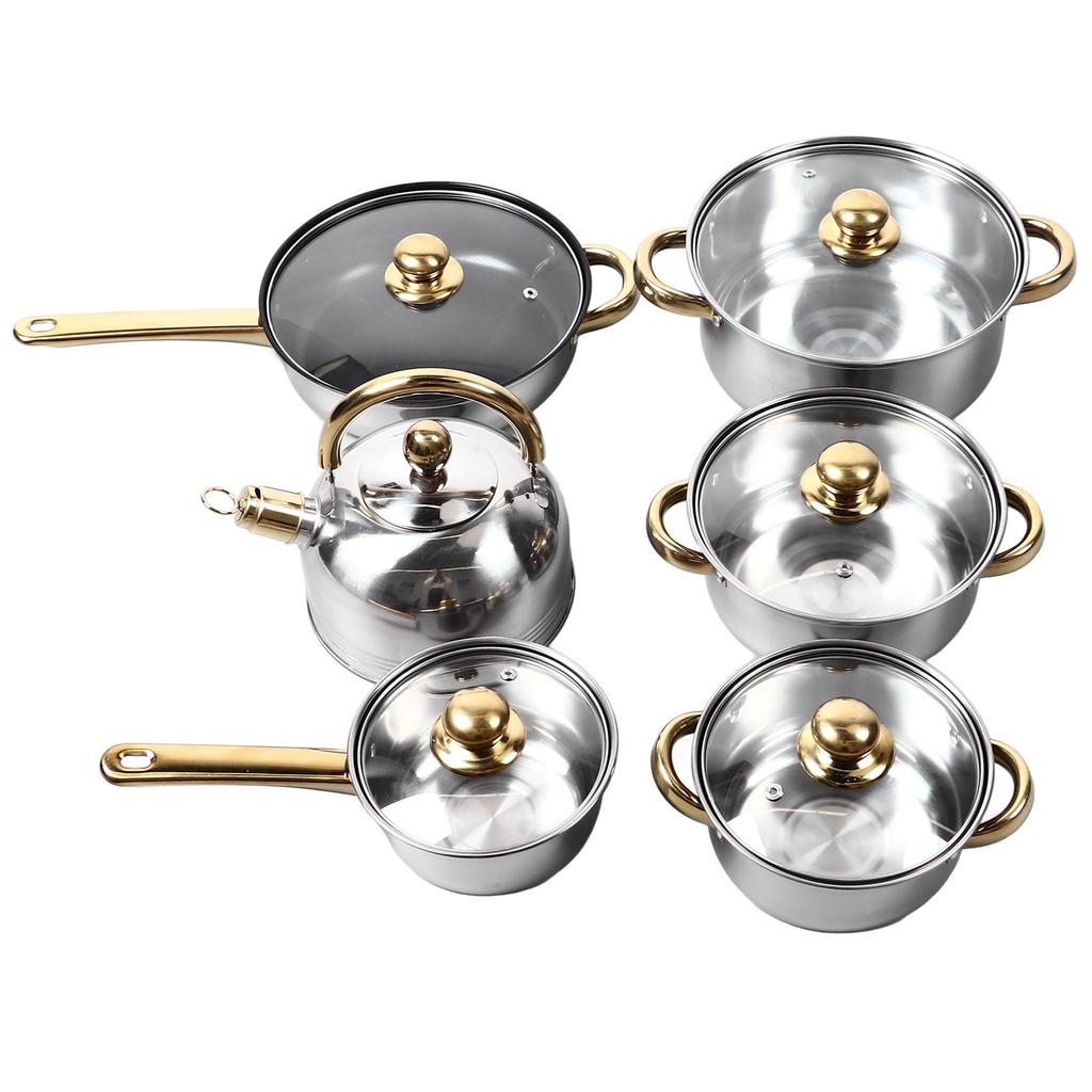 12-teiliges Küchen-Topf-Set aus Edelstahl mit goldenem Griff, glatt, robust, leicht zu reinigen, Kochgeschirr-Set für den Hausgebrauch