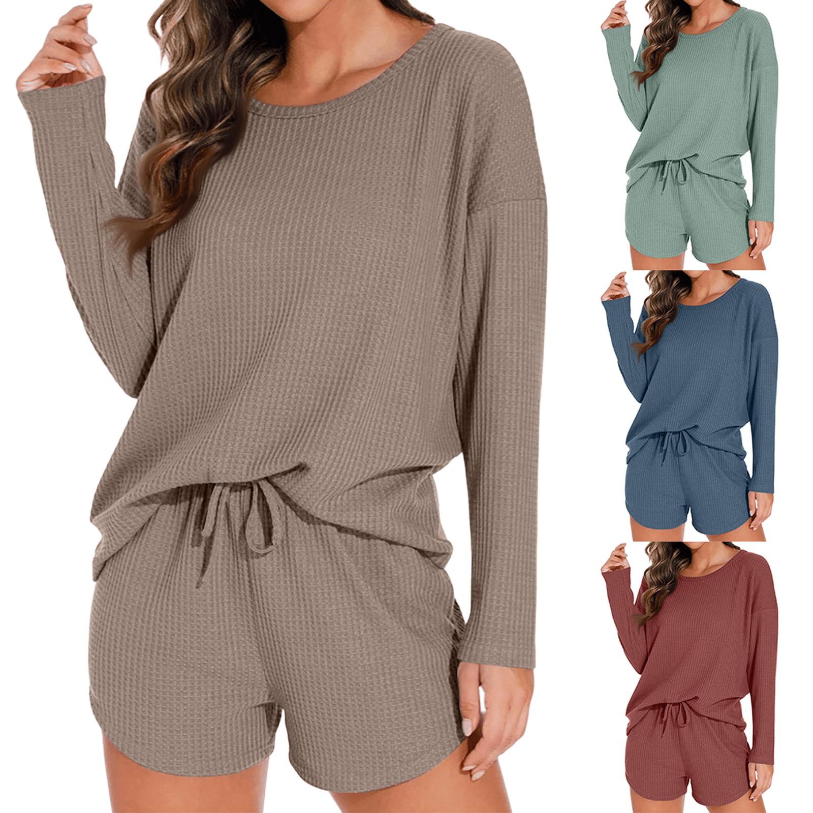 

Women s Loose Comfortable Casual And Fashionable Pajama Set Long Sleeved Top Shorts Set L кавовий