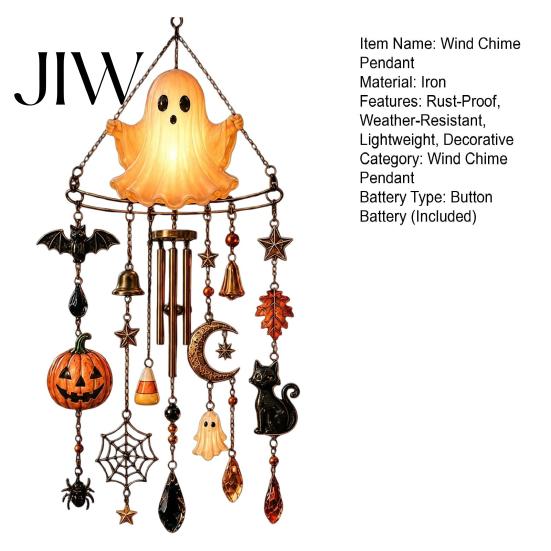 Outdoor Garden Decoration Halloween Luminous Ghost Wind Chime, Glow-in-The-Dark Hanging Ornament with Pumpkin Bat Weatherproof Metal Pendant