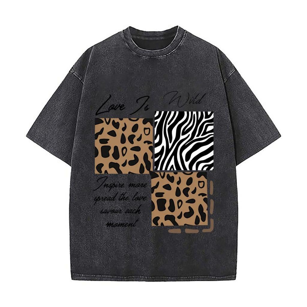 Love Is Wild Inspire More Spread Love Savour Moment Leopard Zebra Distressed Faded Baggy Streetwear Tops for Park Hangouts