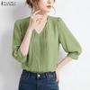 Women Elegant V-Neck Solid Color Casual Short Sleeve Blouse