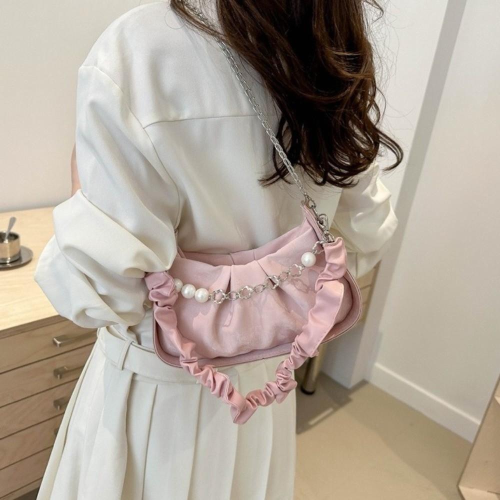 Korean Style Cloud Shoulder Bag PU Leather Pleated Handbag Casual Pearl Chain Crossbody Bag Travel