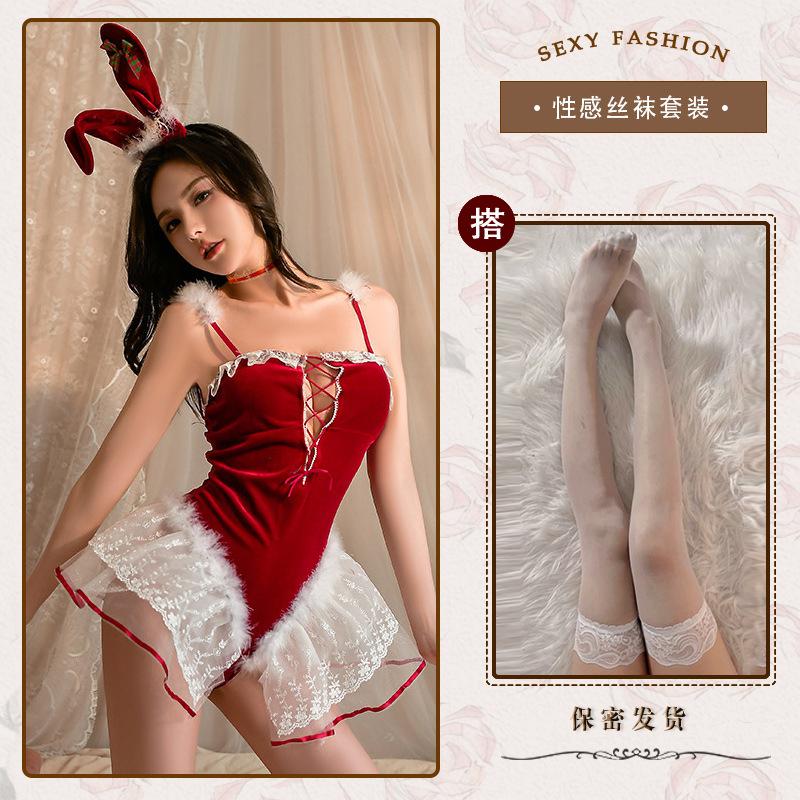 Velvet Embroidered Lace Lingerie Female Christmas Bunny Sexy Uniform Seduction Sao Perspective Suit Seduction