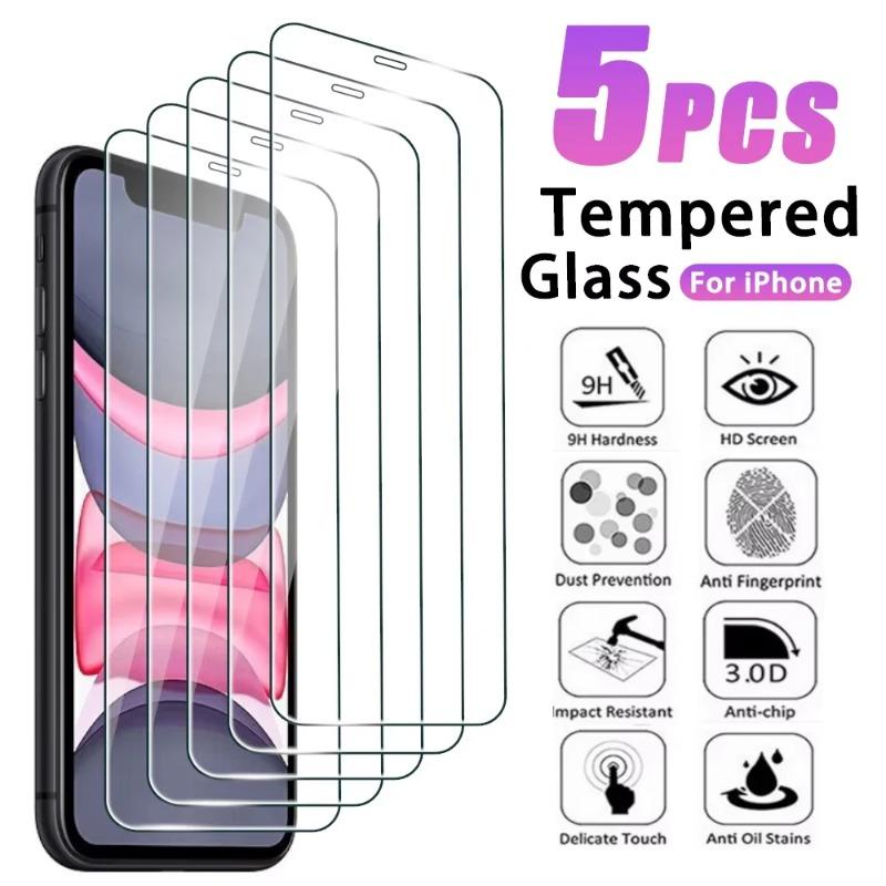 5Pcs Tempered Glass Film For iPhone 17 Pro Max 11 12 13 14 15 16 14 15 16 Plus 17 Air 6 7 8 SE 2 X XR XS Max Screen Protector