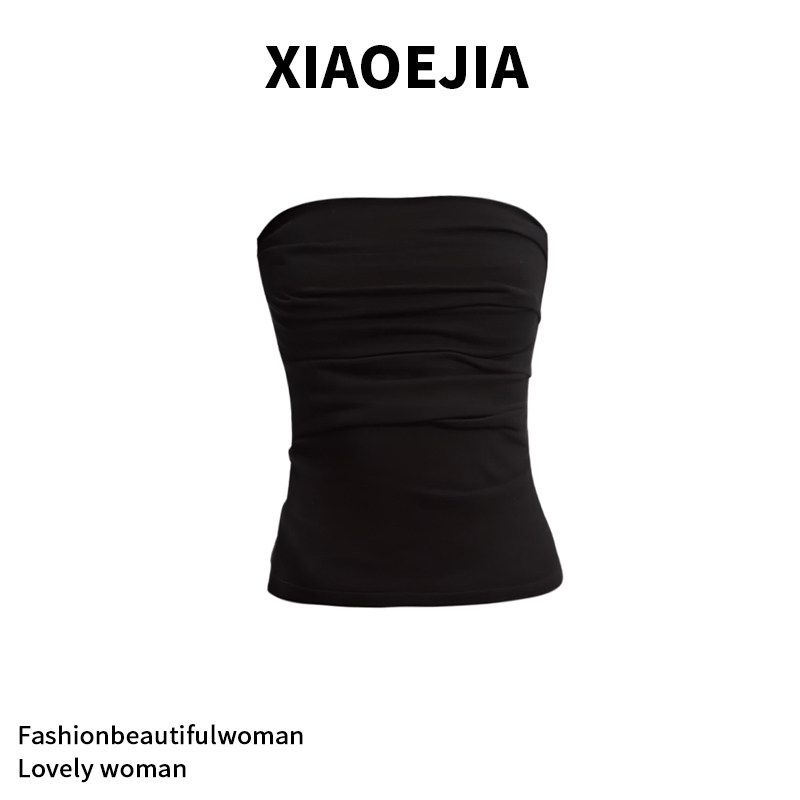Xiaoejia Black Cotton Pleated Micro Pile Elastic Tight Silm Strapless Tube Top Vest Tops Black S