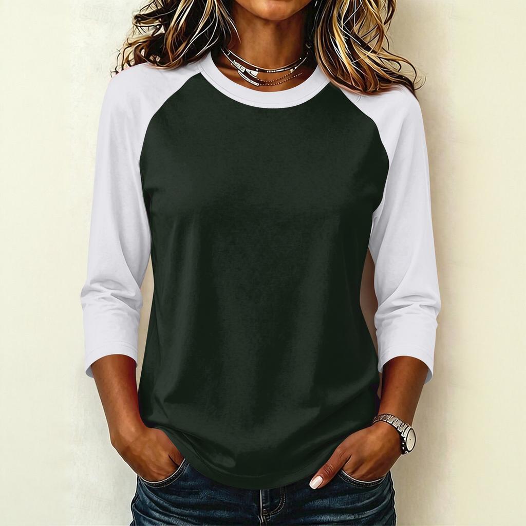 Women's Casual Color Block Pullover T-Shirt, Raglan 3/4 Sleeve, Round Neck, Lightweight Top for Summer, Spring, and Fall