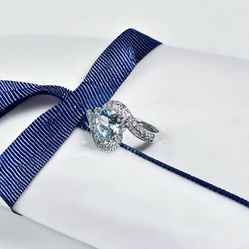 High-End Light Luxury Sea Blue Zircon Exquisite Open Ring Four-Leaf Clover Fashion Women'S Cold Wind Niche Ring