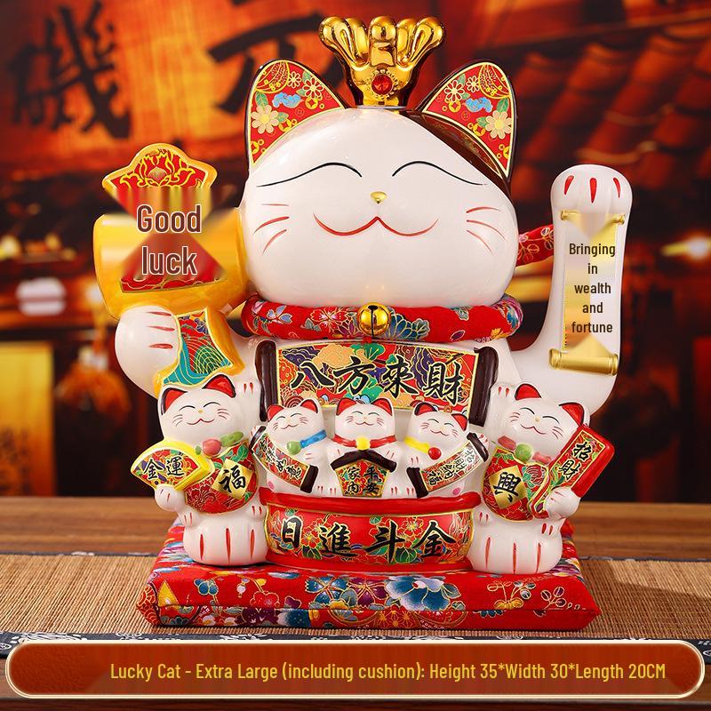 Automatic Waving Ceramic Lucky Cat Figurine - Perfect for Housewarming, Cash Register, or Living Room Decor