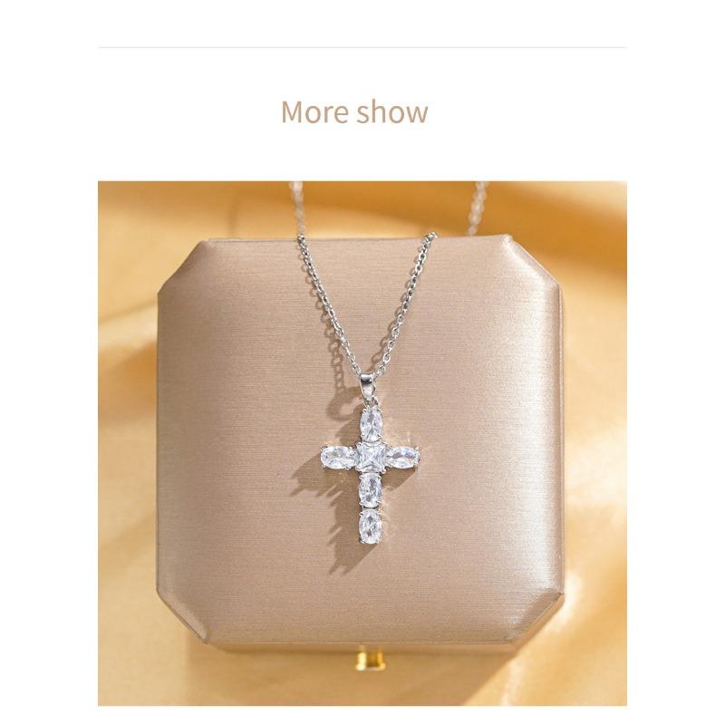 Gold Plated Zircon Cross Pendant Titanium Steel Clavicle Necklace For Women