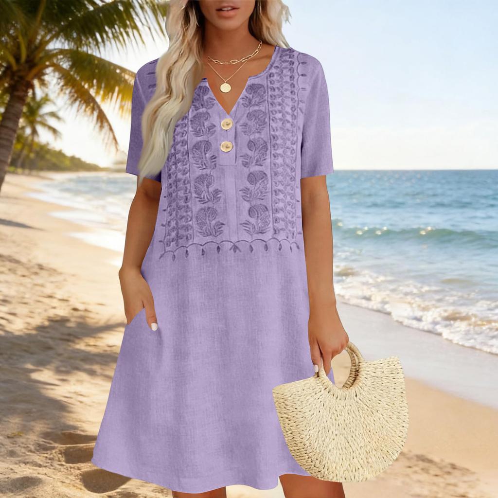 Women Casual Loose Fit Short Sleeve Dress Embroidered Front Button Detail Lightweight Summer Dress with Pockets