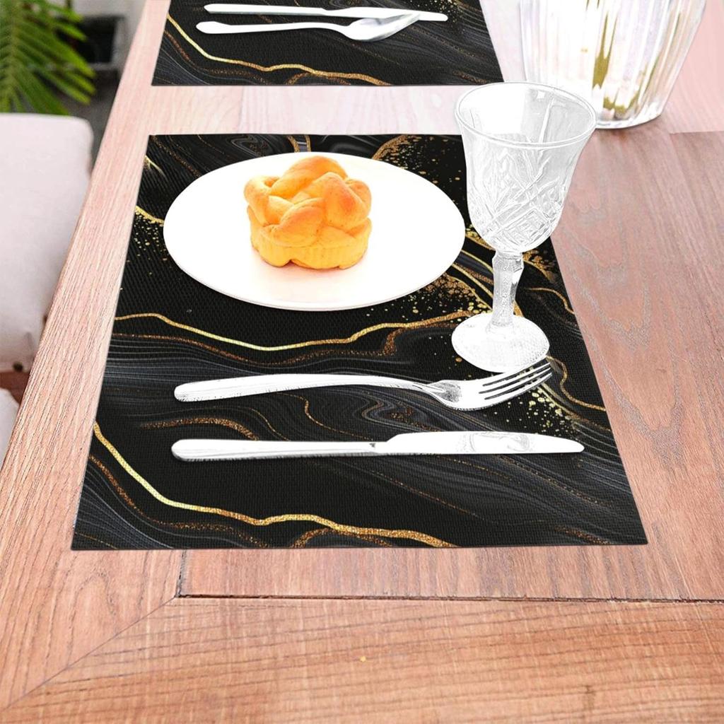 Black Gold Marble Texture Placemats Set of 4, Black Table Mats, Heat Resistant Washable Linen Place Mats for Kitchen Dining Table Farmhouse 12"x18",