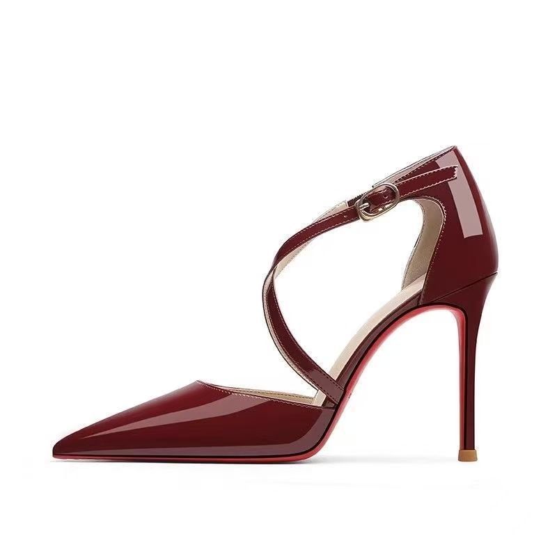 Thin Heel Pointed Burgundy High Heels 2025 Autumn New Popular Banquet Simple Red Patent Leather Women's Hollow Sandals