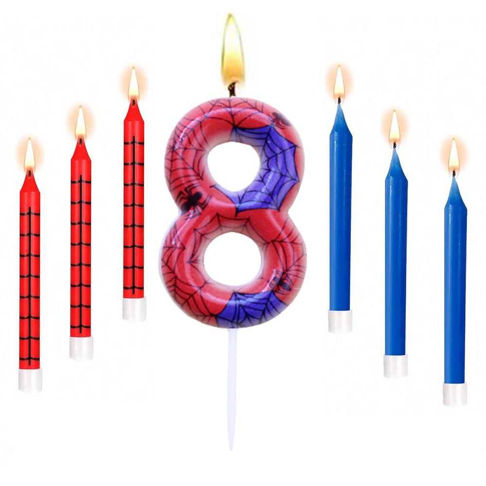 7pcs Red Blue Spider 8th Birthday Number Candles, Number 0-9 Candle Cake Topper Decorations for Spider Cartoon Themed Parties