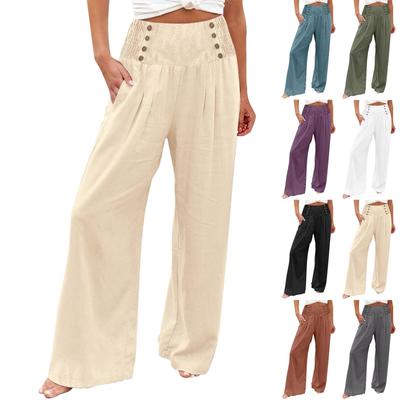 Summer Cotton Linen Wide Leg Pants Women Loose Palazzo Pant Pocket Elastic Waist Button Casual Pants