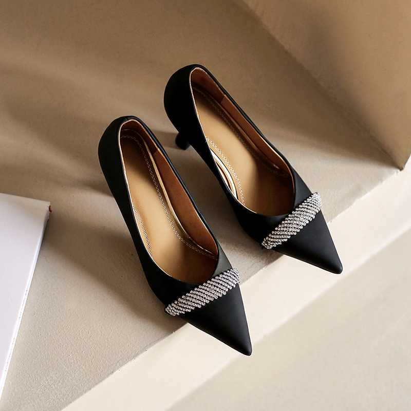 Cow Leather Pointed Toe High Heels Rhinestone Women Pumps