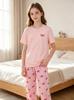 Soft Stretchy Bow Print Pajama Set Crew Neck Solid Short Sleeve Top & Striped Long Pants Cute Casual Summer Loungewear Sleepwear Outfit for Women